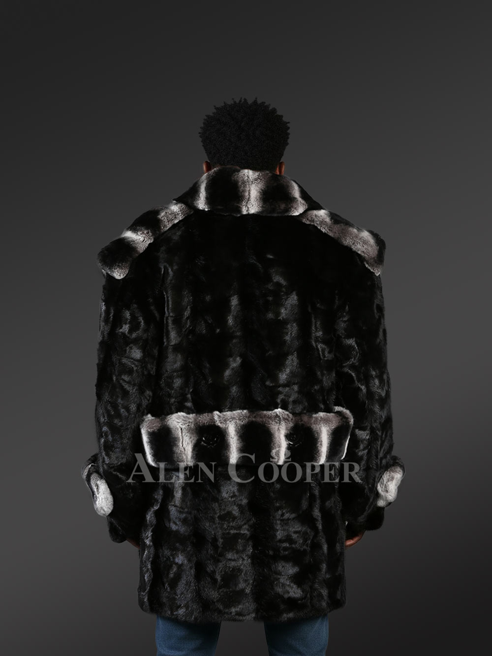 Mens stylish black mink coat with modish lapel of Rex Rabbit fur - Image 3