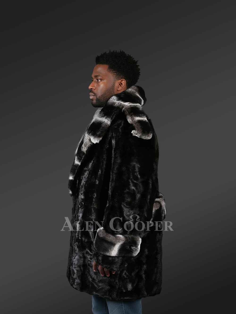 Mens stylish black mink coat with modish lapel of Rex Rabbit fur - Image 2