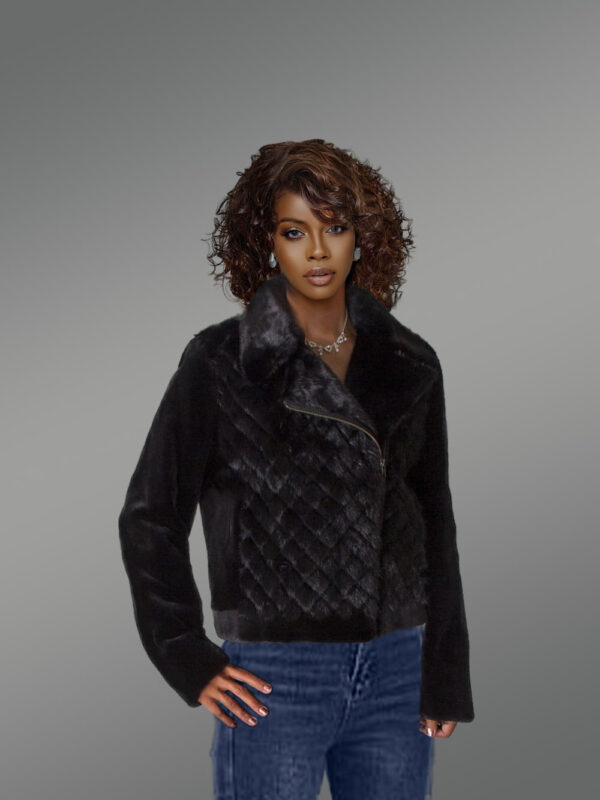 Women’s Mink Biker Jacket with Diamond Pattern