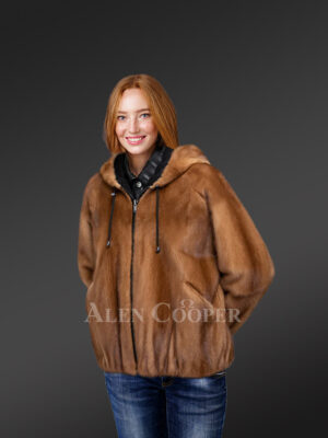 Reversible Mink Fur Bomber Jacket with Hood for Women