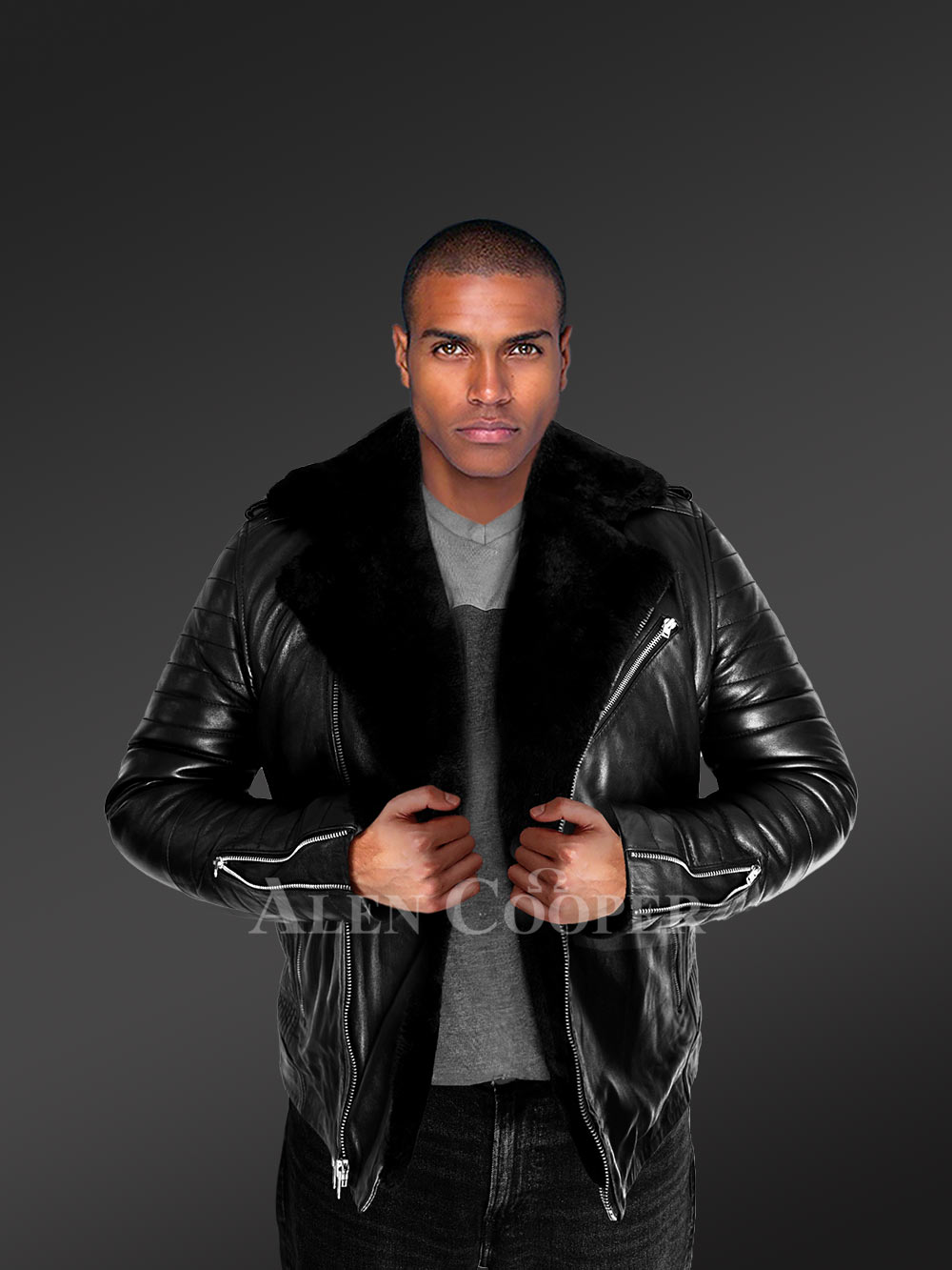 Men’s Biker Leather Jacket with Sheepskin Frontline - Image 4