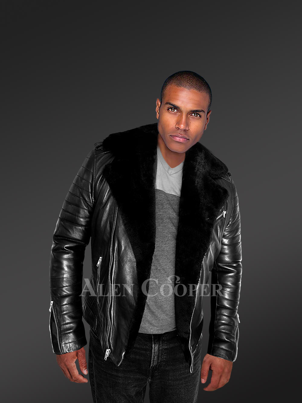 Men’s Biker Leather Jacket with Sheepskin Frontline - Image 3
