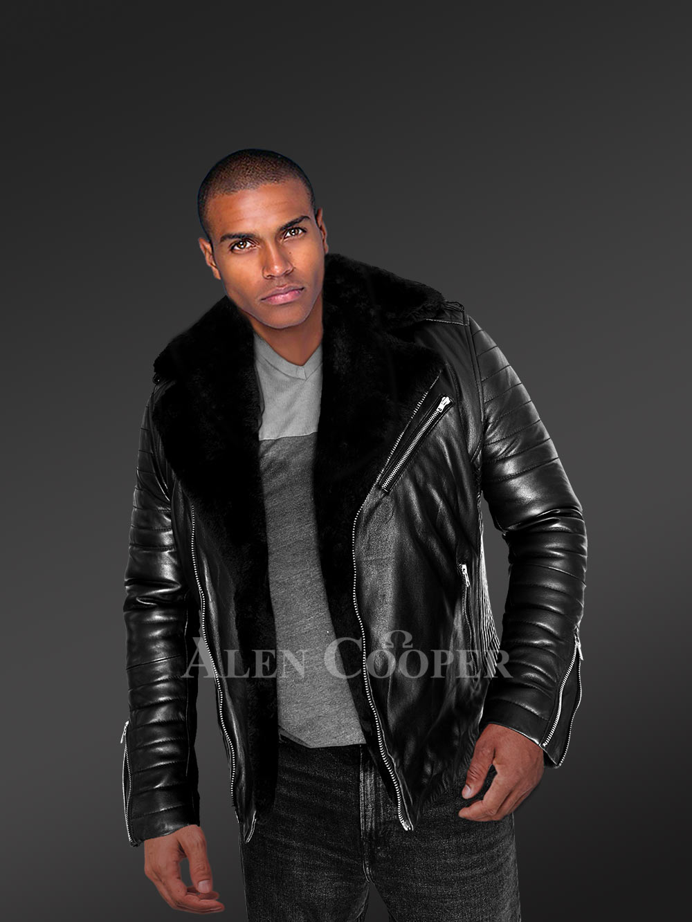 Men’s Biker Leather Jacket with Sheepskin Frontline - Image 2