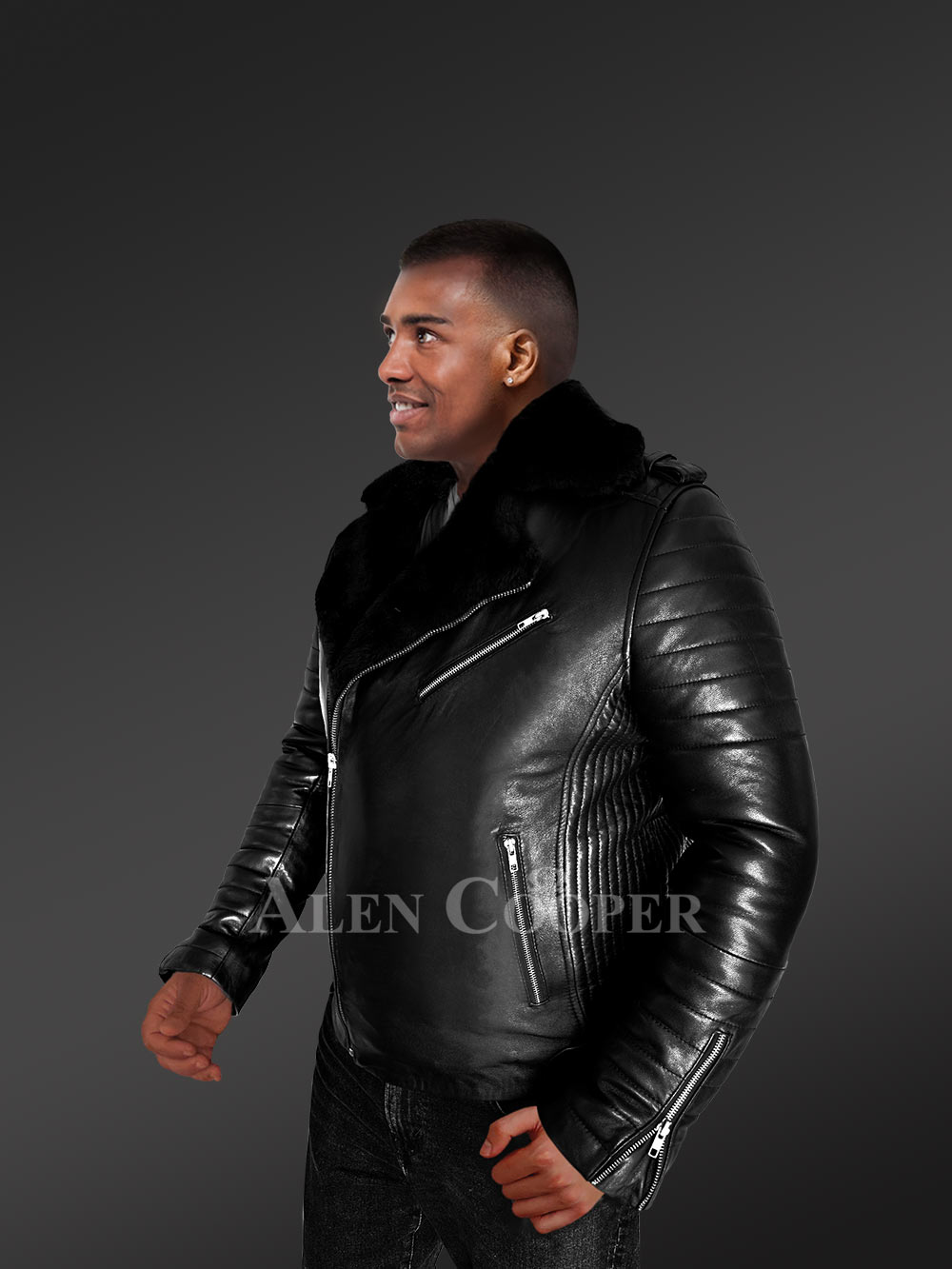Men’s Biker Leather Jacket with Sheepskin Frontline - Image 7