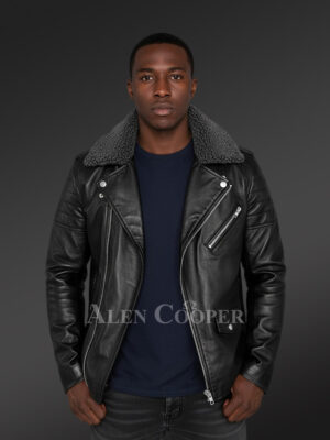 Leather Jacket for Fashionable Men with Removable Shearling Collar