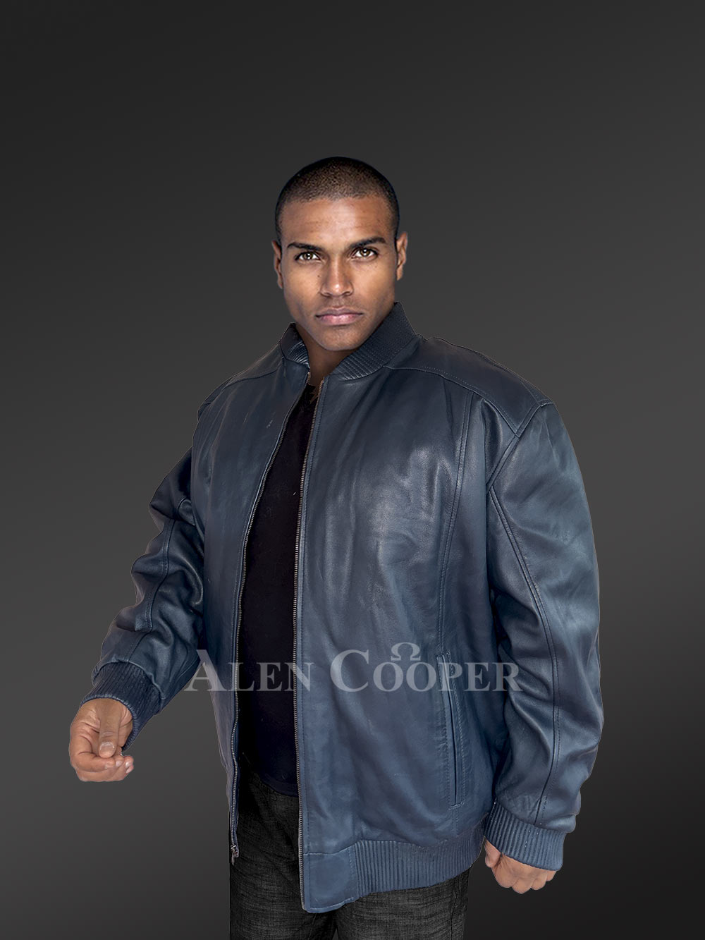 Mens Leather Bomber Jacket in Navy Blue Shade for High-Fashion Looks - Image 6