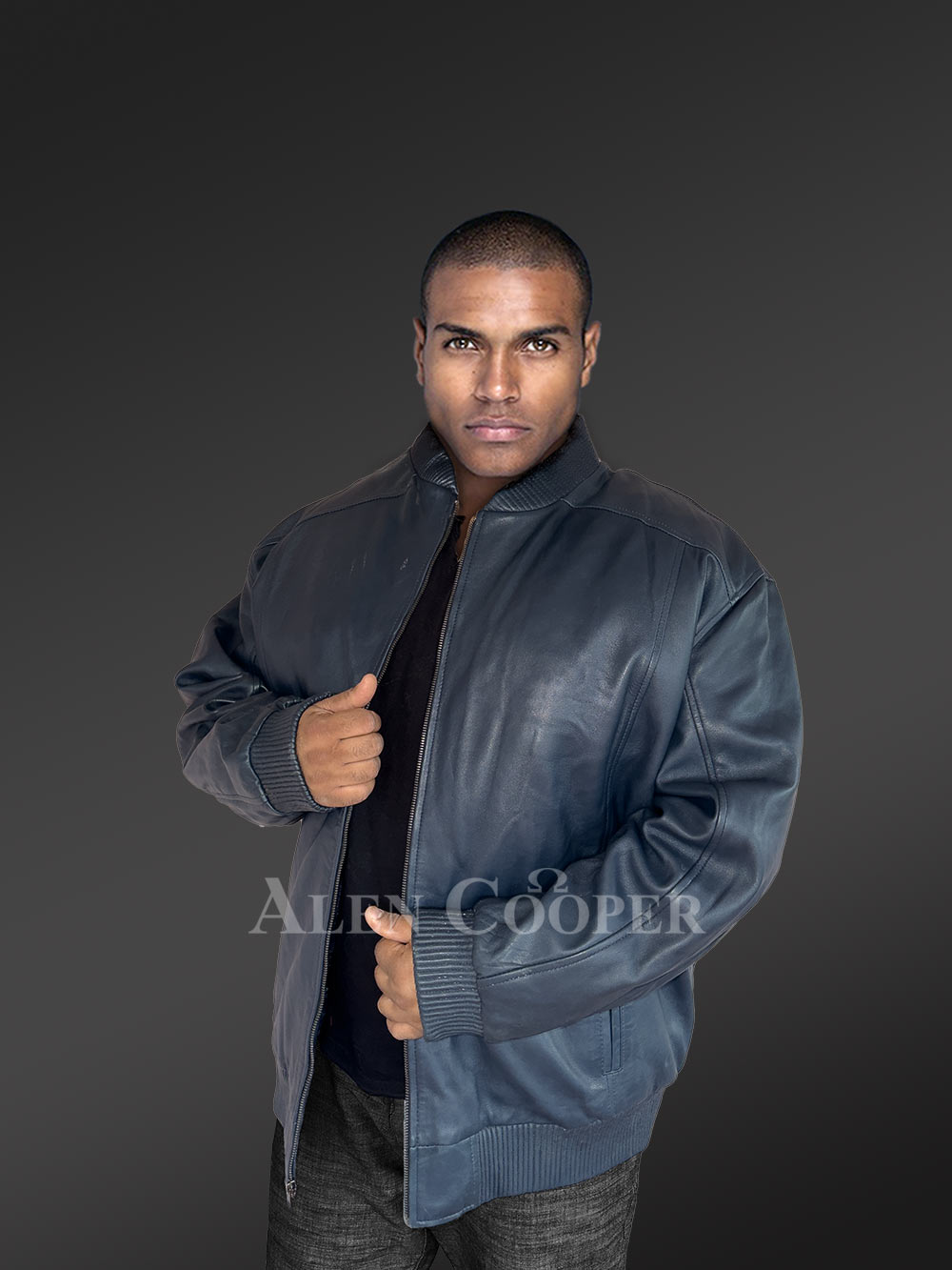 Mens Leather Bomber Jacket in Navy Blue Shade for High-Fashion Looks - Image 5