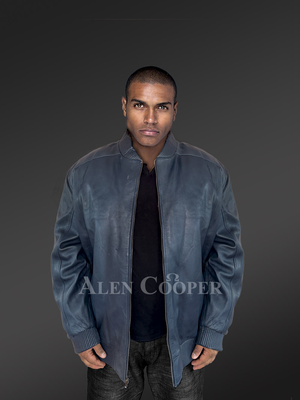 Mens Leather Bomber Jacket in Navy Blue Shade for High-Fashion Looks - Image 4