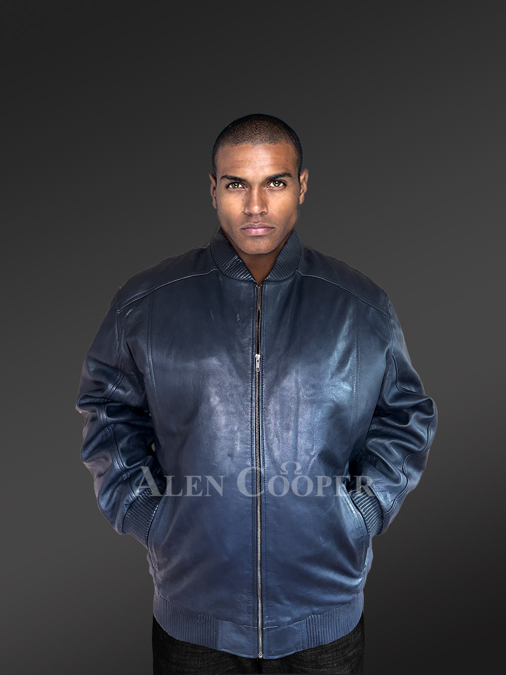 Mens Leather Bomber Jacket in Navy Blue Shade for High-Fashion Looks - Image 2