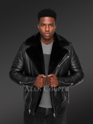Men’s Biker Leather Jacket with Sheepskin Frontline