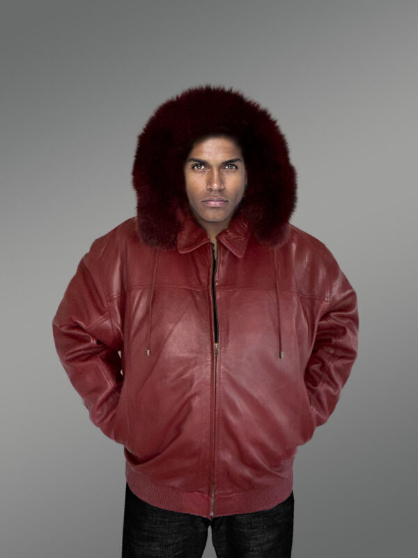 Mens Leather Bomber Jacket with Hood in Wine