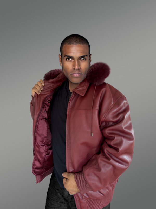 Mens Leather Bomber Jacket with Hood in Wine - Image 3