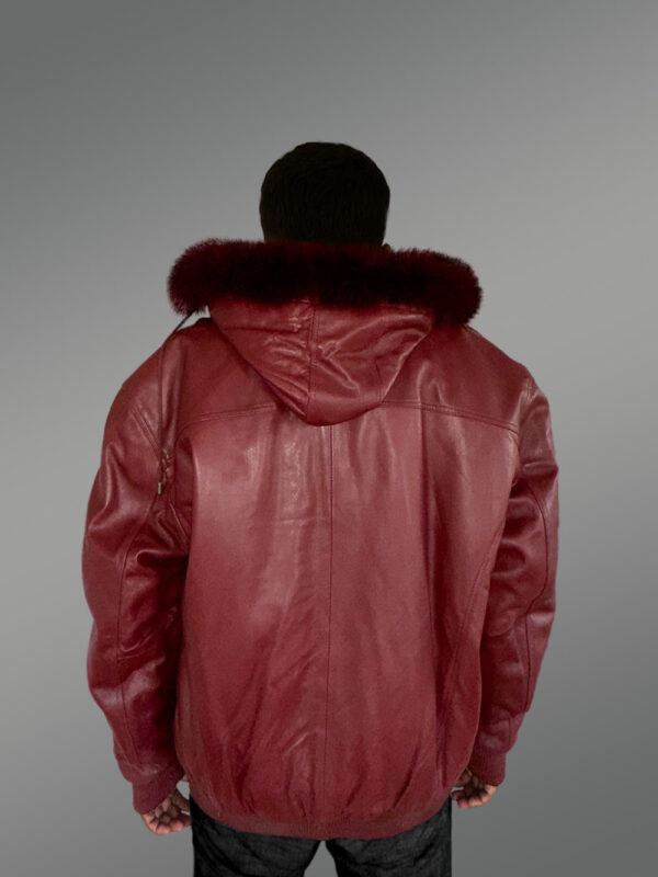 Mens Leather Bomber Jacket with Hood in Wine - Image 4