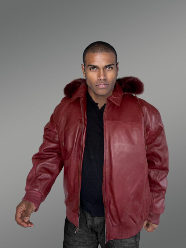 Mens Leather Bomber Jacket with Hood in Wine - Image 5