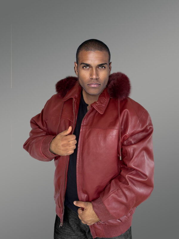 Mens Leather Bomber Jacket with Hood in Wine - Image 6