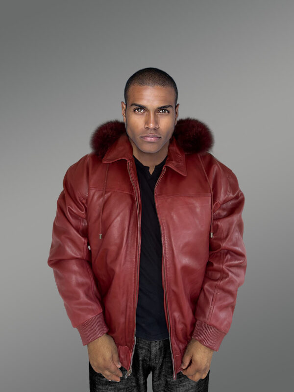 Mens Leather Bomber Jacket with Hood in Wine - Image 7