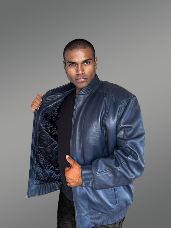 Mens baseball Leather Bomber Jacket in Navy - Image 4