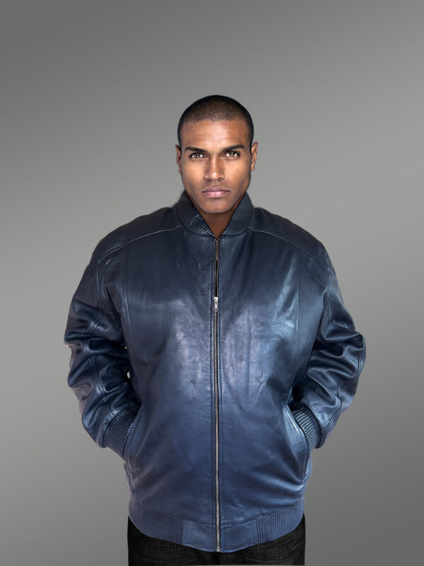 Mens baseball Leather Bomber Jacket in Navy - Image 5