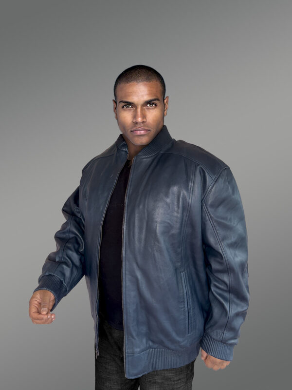 Mens baseball Leather Bomber Jacket in Navy - Image 8