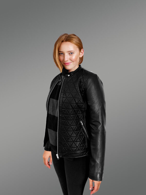 Women’s Leather Biker Jacket in Quilt - Image 4