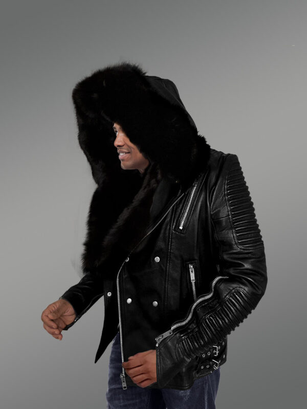 Mens Hooded Leather Biker Jacket with a Comfy Spectacular Look - Image 5