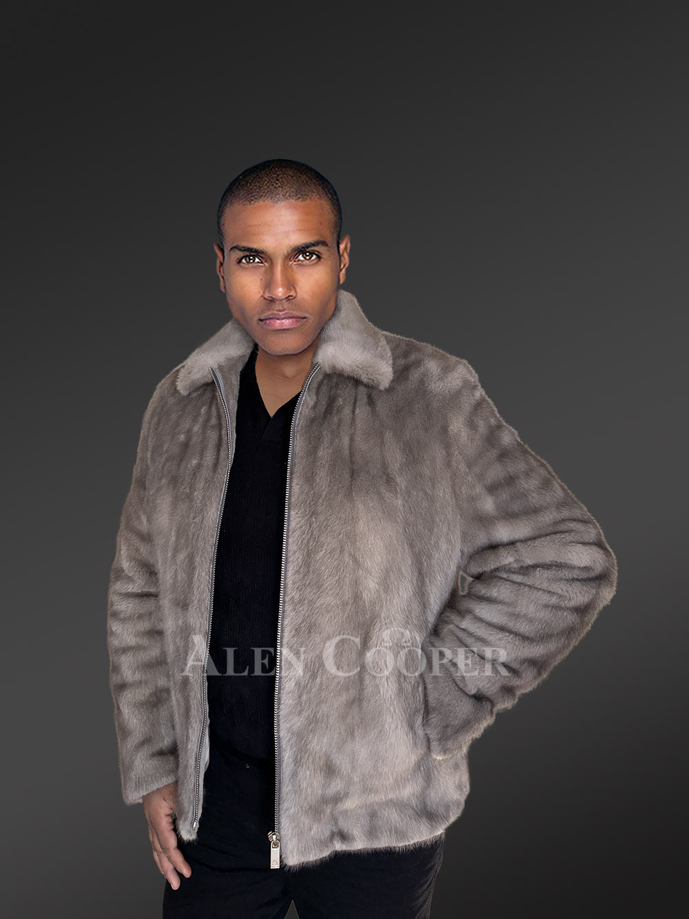 Mens Blue Iris Mink Bomber Jacket - Dazzling Up the Wintry Mood - Image 3