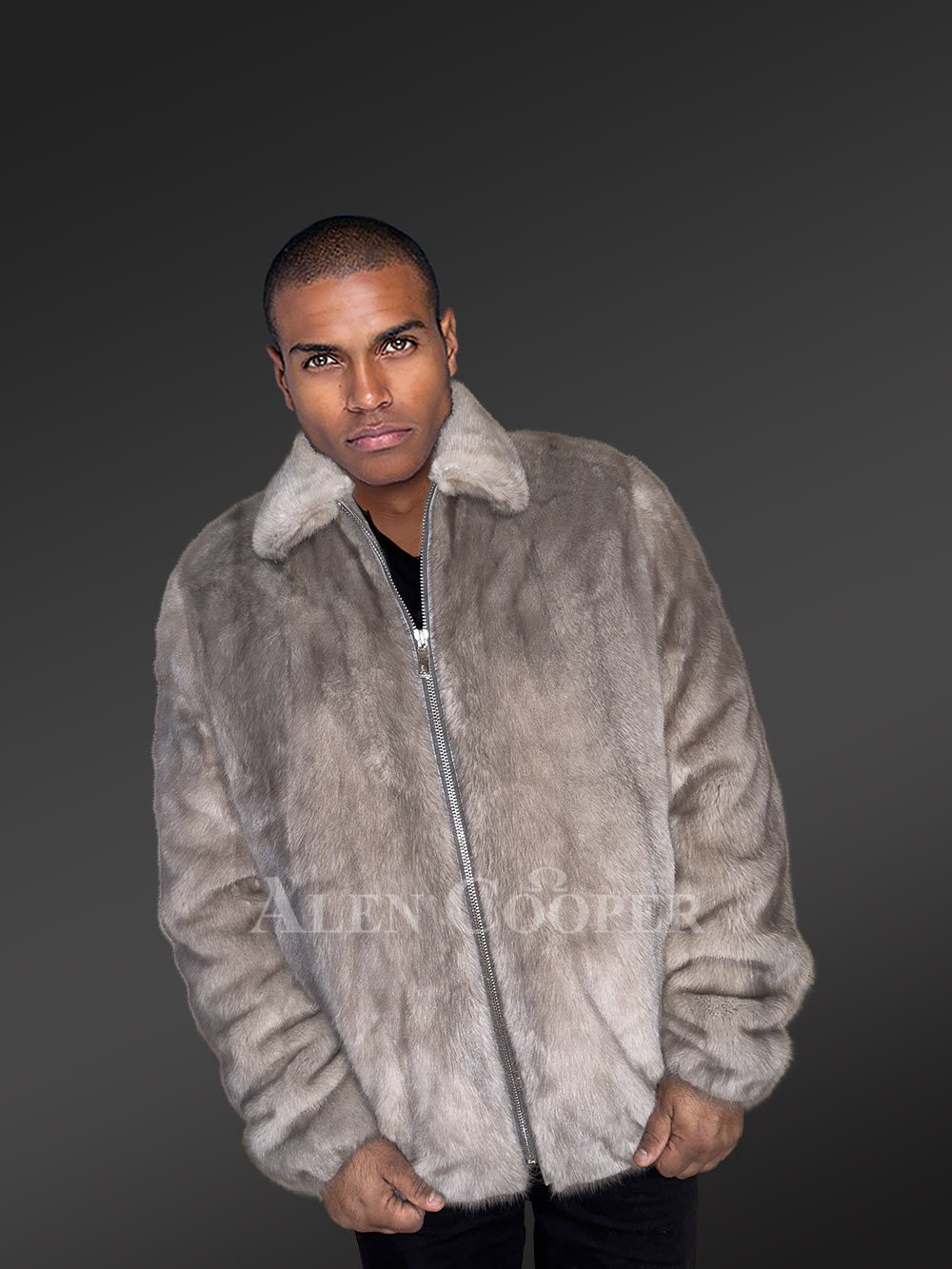 Mens Blue Iris Mink Bomber Jacket - Dazzling Up the Wintry Mood - Image 2