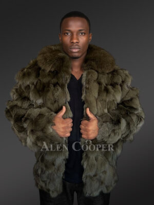 Mens Olive Green Bomber of Fox Fur – Spectacular Outfit for Grand Events