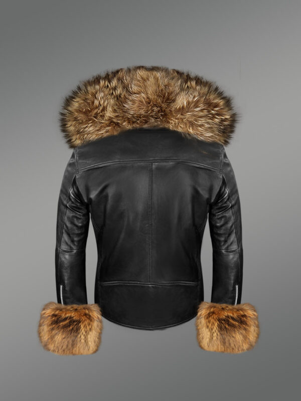 Black Leather Biker Jacket with Fur Details on Cuffs and Collar - Image 4