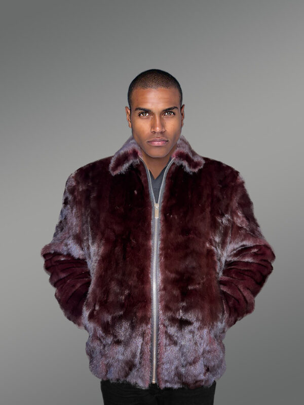 Mens Burgundy Mink Bomber – Deluxe Statement Piece for Wintertime Events - Image 3