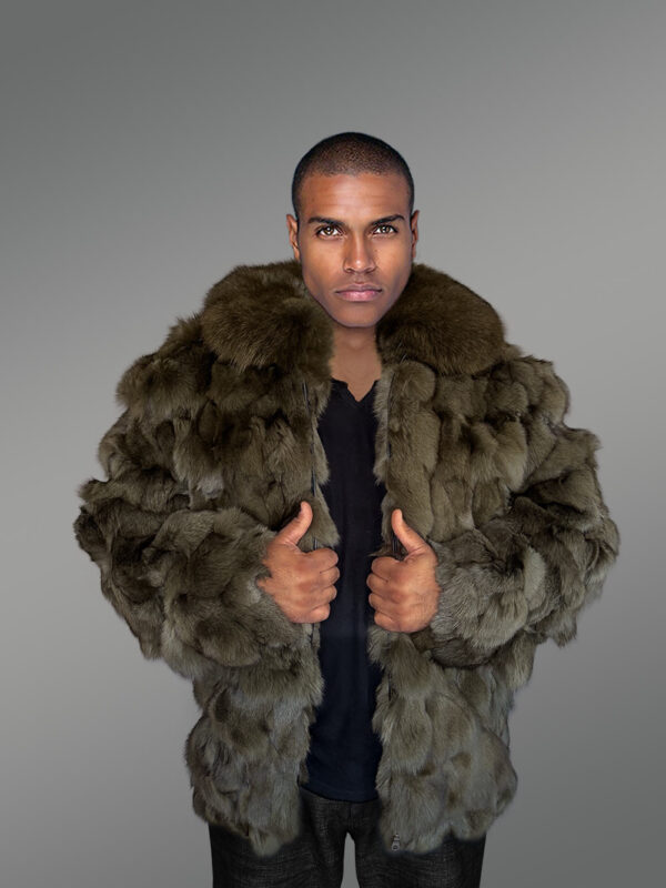 Mens Olive Green Bomber of Fox Fur – Spectacular Outfit for Grand Events