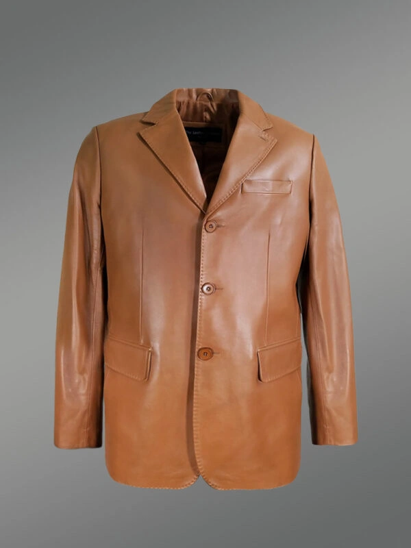 Mens Tan Leather Blazer with Notched Lapel – Versatile Outfit for Different Purposes