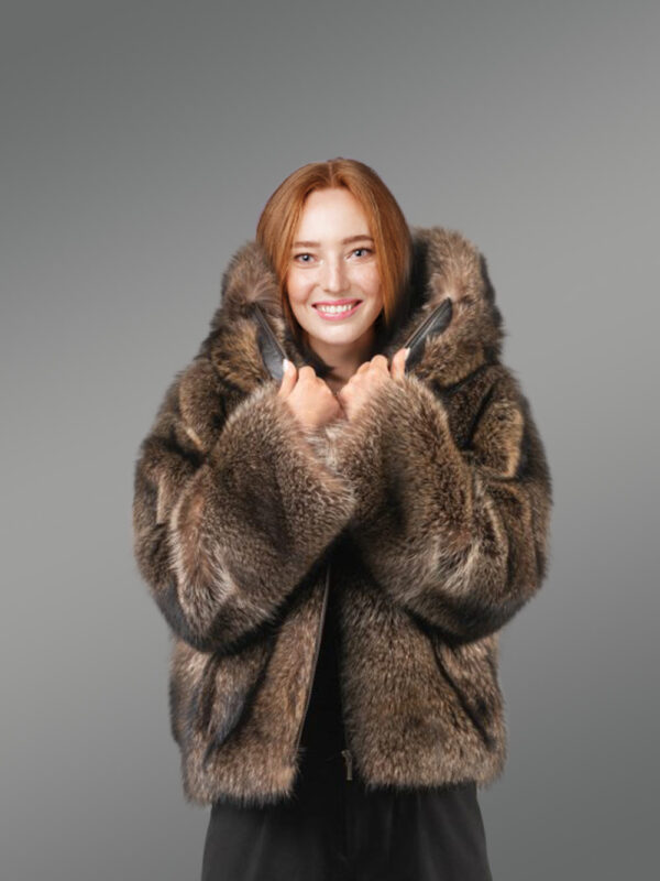 Women’s Natural Rabbit Fur Bomber with Hood - Image 6