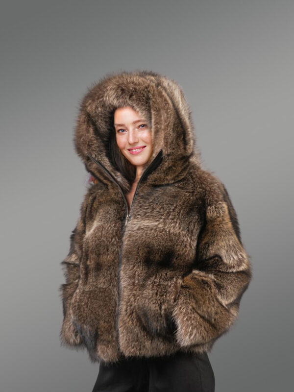 Women’s Natural Rabbit Fur Bomber with Hood - Image 3