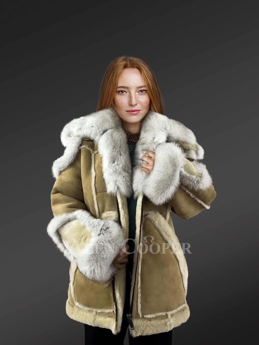 Womens Shearling Jacket with Fox Fur Accent and Detachable Hood - Image 3