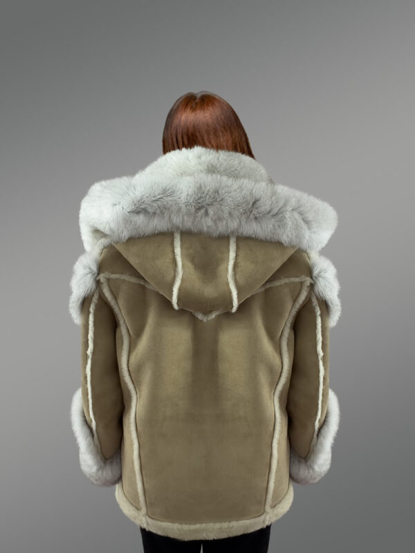 Womens Shearling Jacket with Fox Fur Accent and Detachable Hood - Image 7