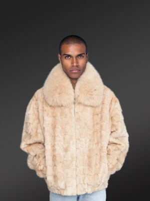 Mens Beige Mink Fur Bomber Jacket