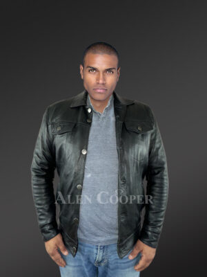 Men’s Button Down Italian Finish Leather Jacket in Black
