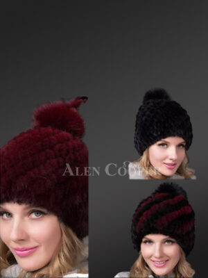 Womens Mink Hat with Fox Fur Pompom at the Top with a Playful Vibe