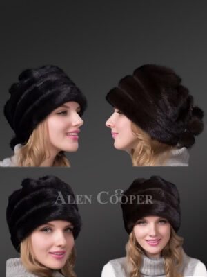 Layered Mink Fur Beret Hat with Pompom