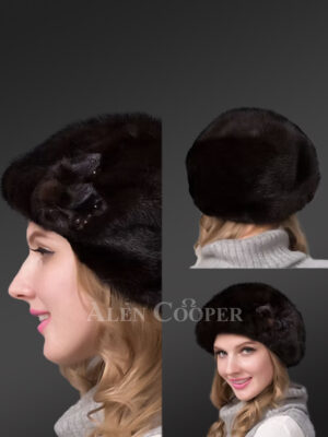 Mahogany Mink Beret Hat with Side Decoration