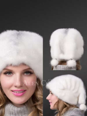White Beanie Hat with Pompoms at the Back and Lovely Side Pleats