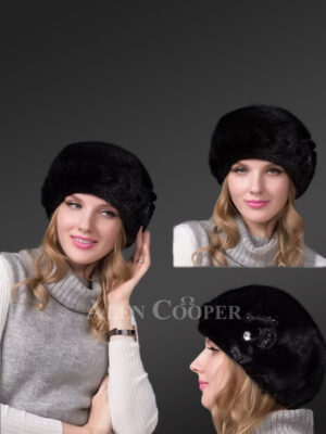 womens black mink beret with floral accent