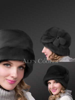 Womens Mink Bucket Hat with an Elegant Decorative Flower Accent
