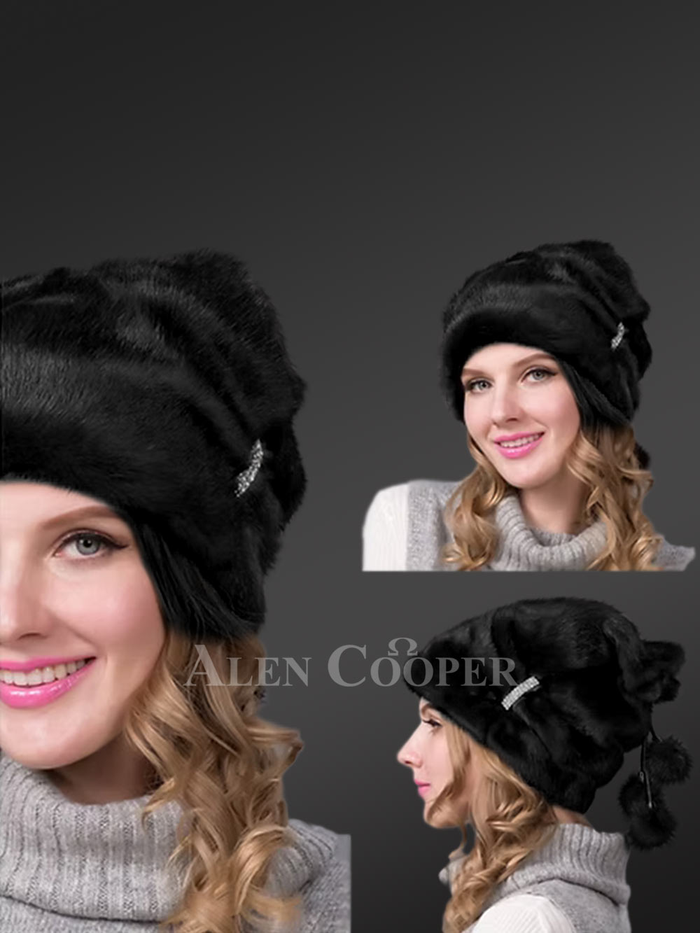 Natural Mink Beret Hat for Women Accentuated with a Ritzy Brooch