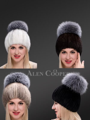 Tail Mink Beanie Hat for Women with Oversized Silver Fox Fur Pompom