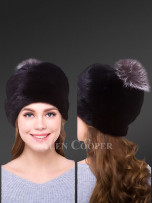 mink beanie hat with silver fox pompom