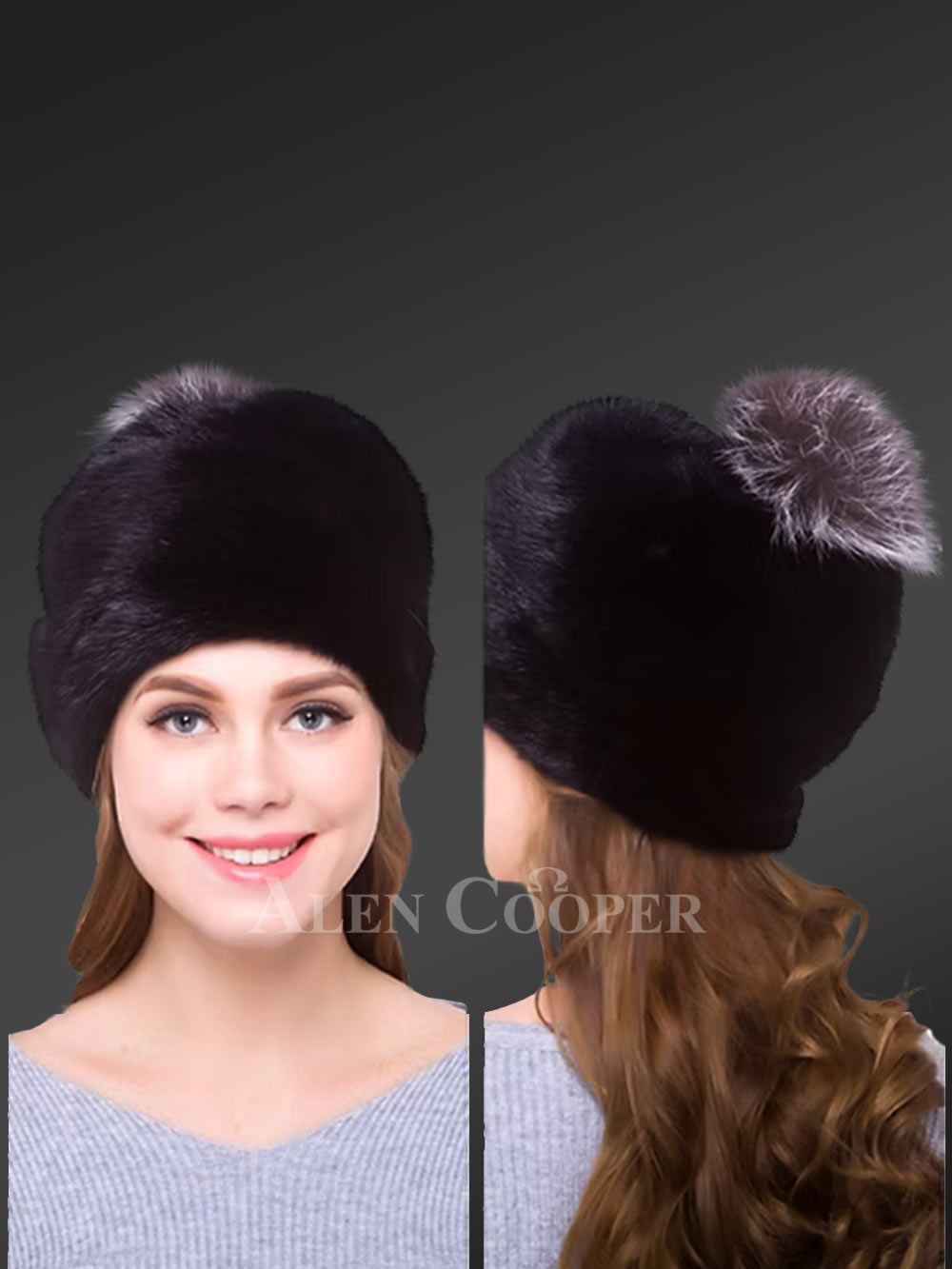 mink beanie hat with silver fox pompom