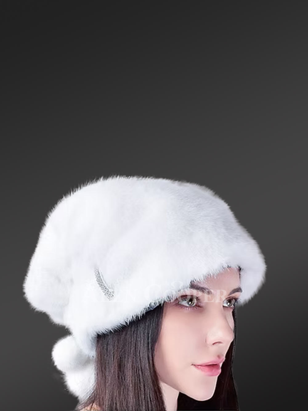 Womens Mink Hat with Pompom Adorned with Stylish Pin Detail - Image 2