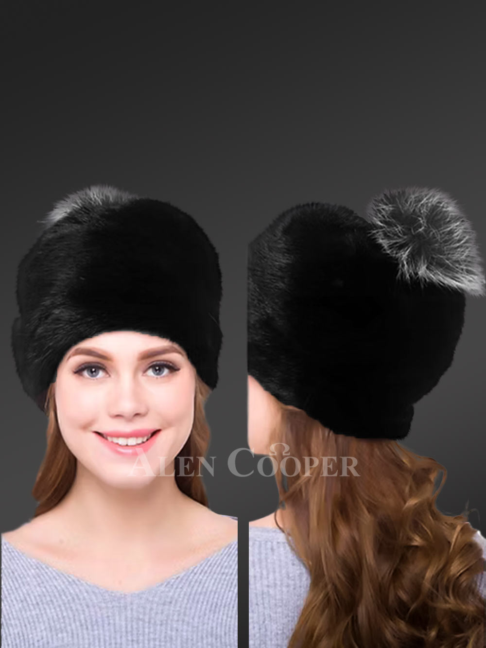 mink beanie hat with silver fox pompom
